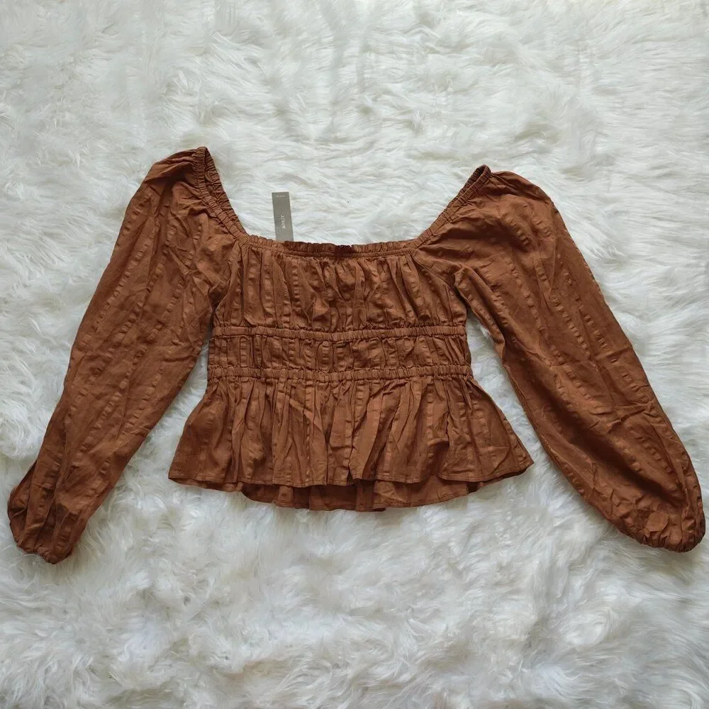 J.Crew Rust Smocked Peasant Blouse with Puff Sleeves & Ruffle Hem, SIZE Medium